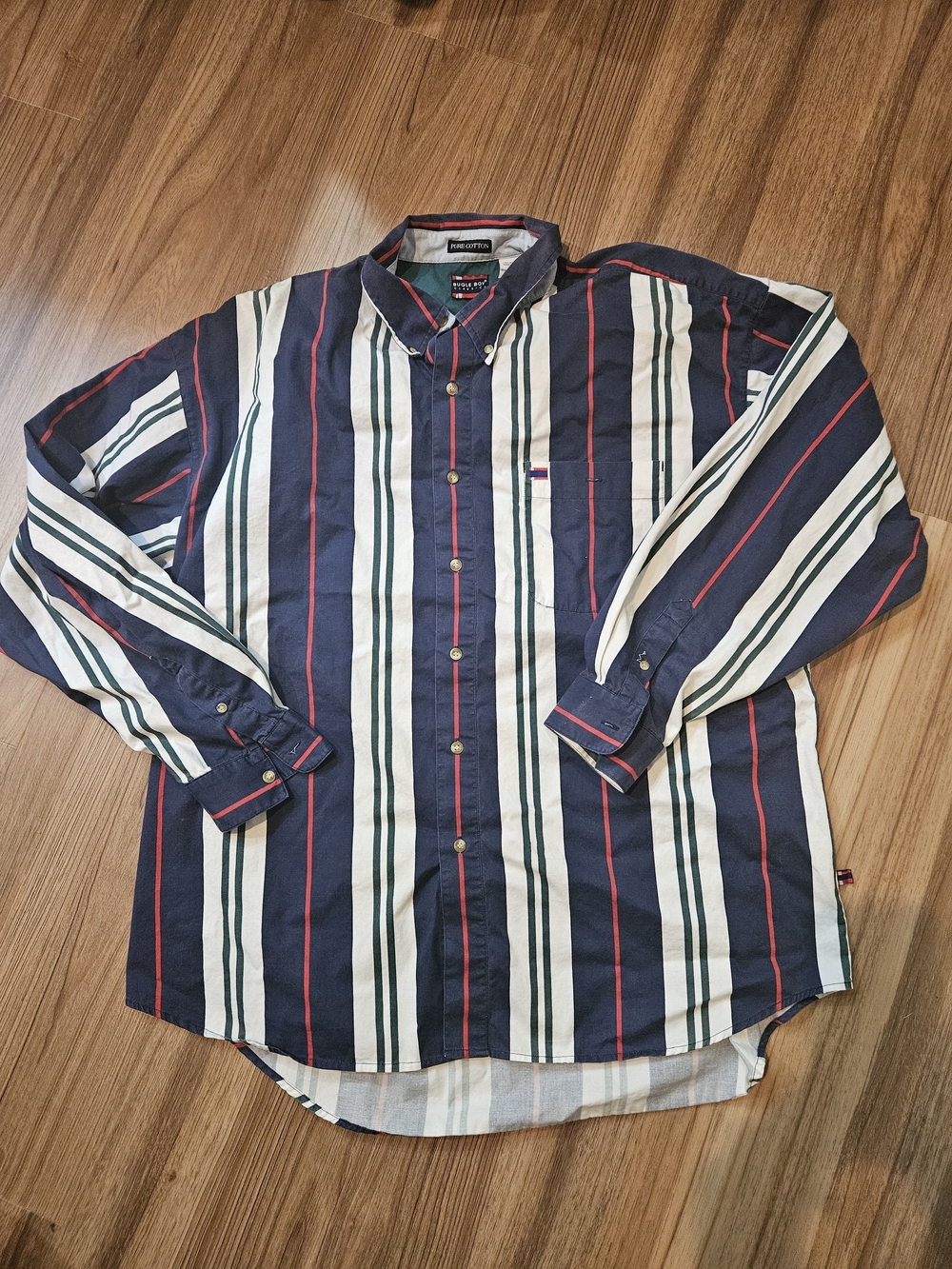 Bugle Boy Classics Navy, White & Red Vertical Stripe Button-Down Shirt. Size XXL